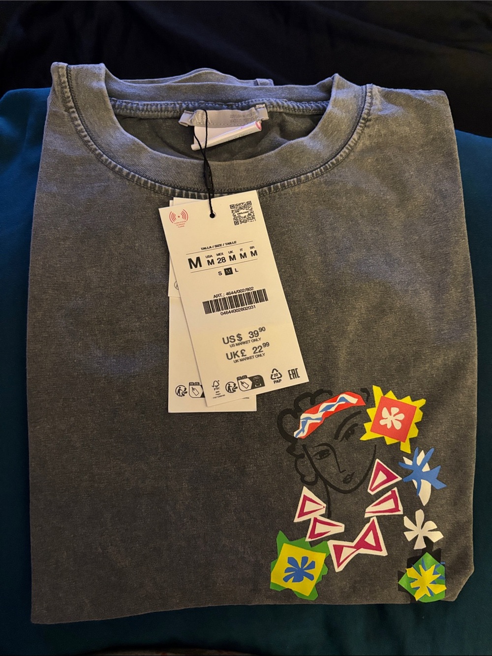Zara Women's Charcoal Graphic Short Sleeve Tee with Multicolor Floral Motif